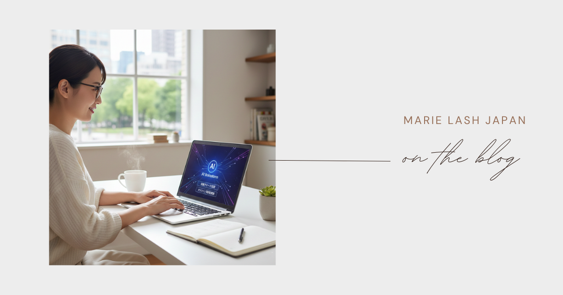 ノートパソコンを使ってAIで集客アイデアを作成するサロンオーナーのイメージ